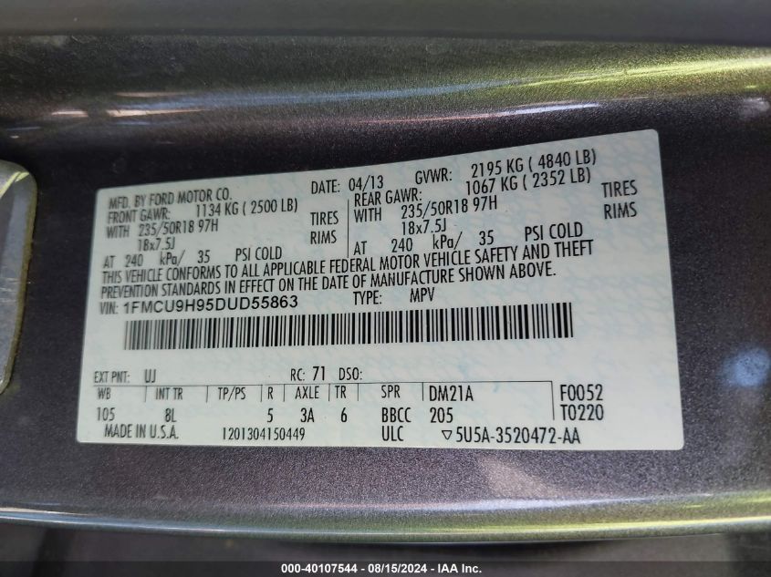 VIN 1FMCU9H95DUD55863 2013 Ford Escape, Sel no.9