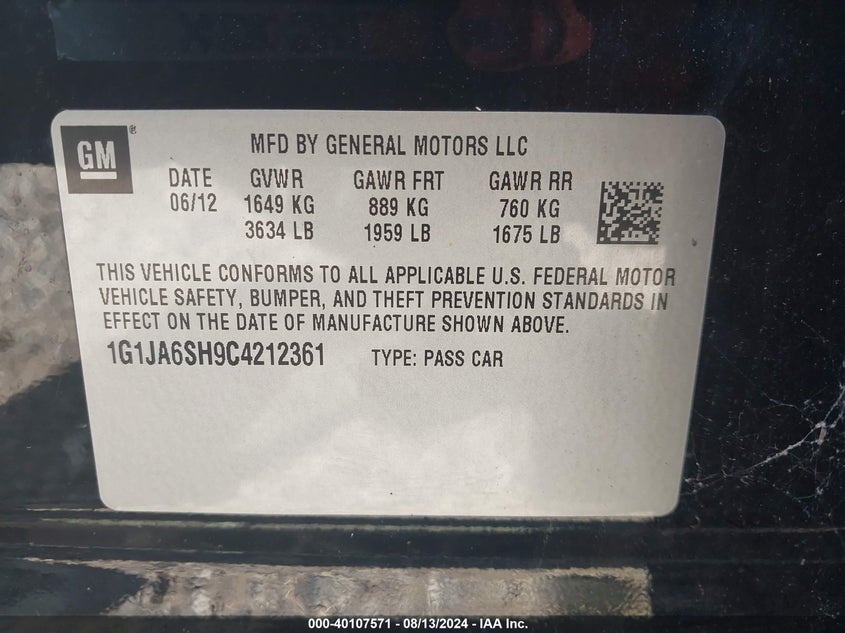 2012 Chevrolet Sonic 2Ls VIN: 1G1JA6SH9C4212361 Lot: 40107571