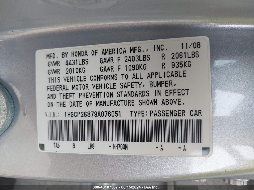 2009 Honda Accord 2.4 Ex-L VIN: 1HGCP26879A076051 Lot: 40107587