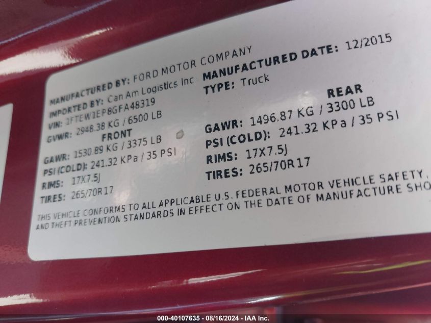 1FTEW1EP8GFA48319 2016 Ford F-150 Xlt