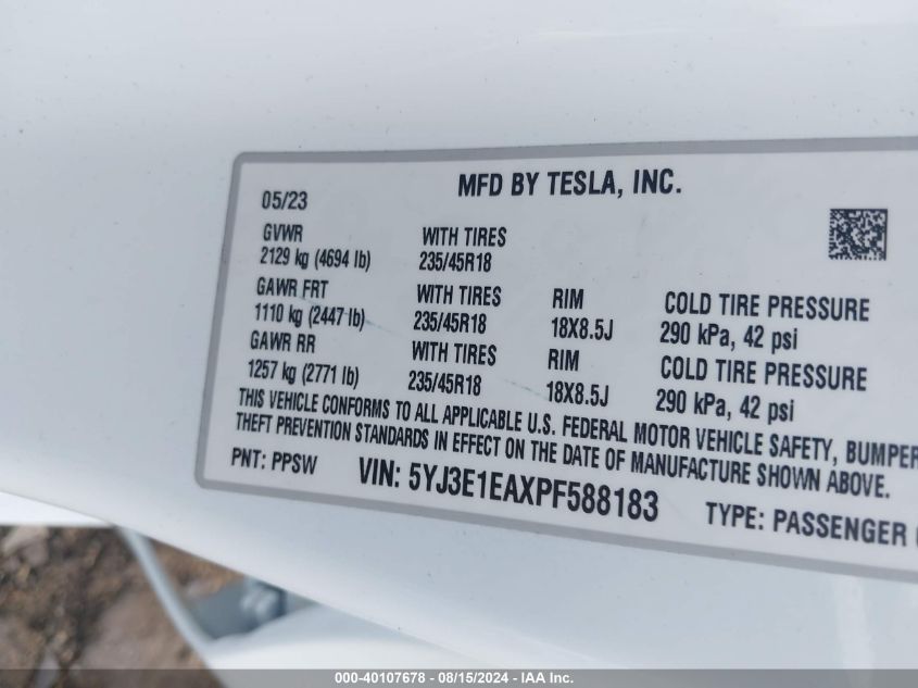 2023 Tesla Model 3 Rear-Wheel Drive VIN: 5YJ3E1EAXPF588183 Lot: 40107678