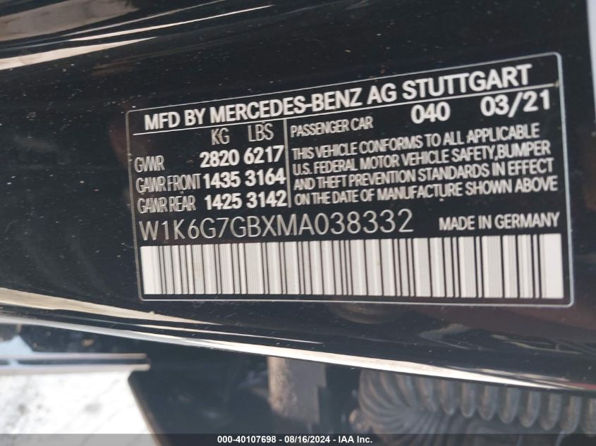 2021 Mercedes-Benz S 580 4Matic VIN: W1K6G7GBXMA038332 Lot: 40107698