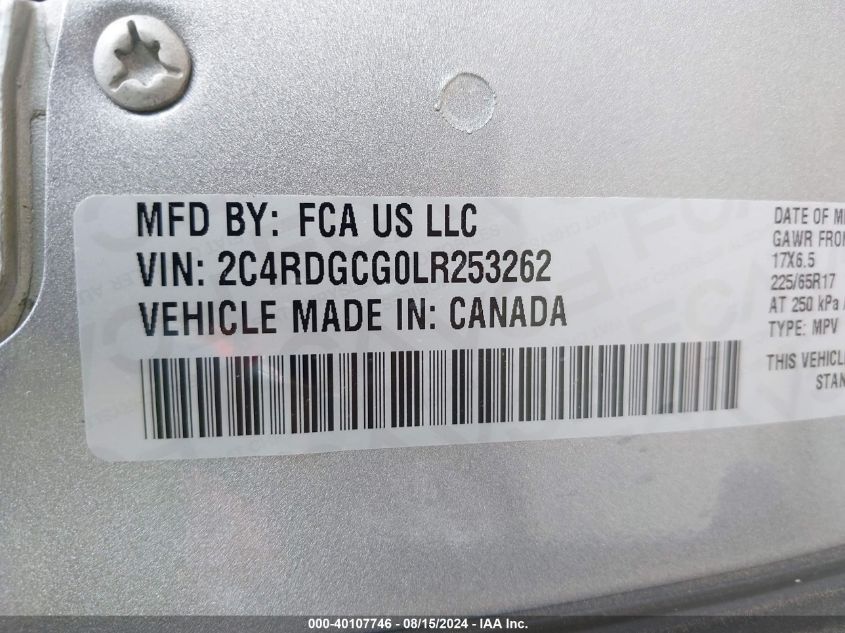 2020 Dodge Grand Caravan Sxt VIN: 2C4RDGCG0LR253262 Lot: 40107746