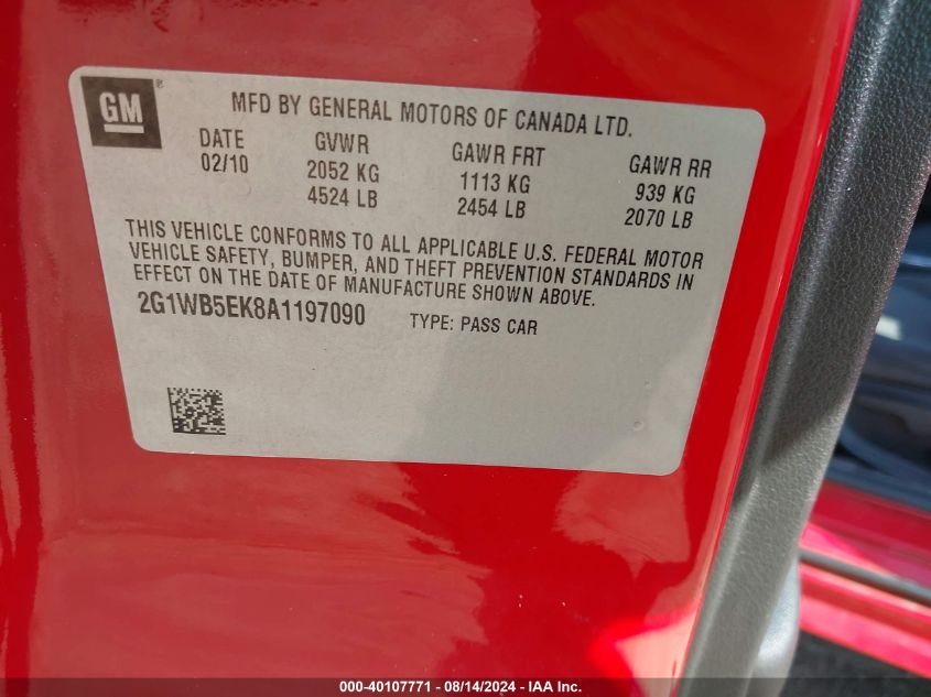 2010 Chevrolet Impala Lt VIN: 2G1WB5EK8A1197090 Lot: 40107771