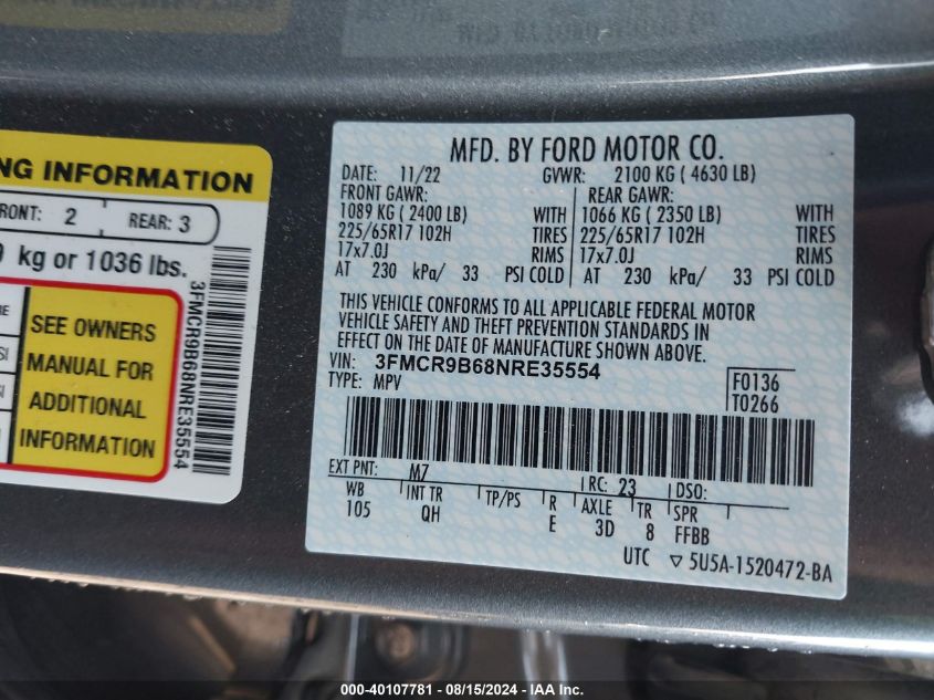 2022 Ford Bronco Sport Big Bend VIN: 3FMCR9B68NRE35554 Lot: 40107781