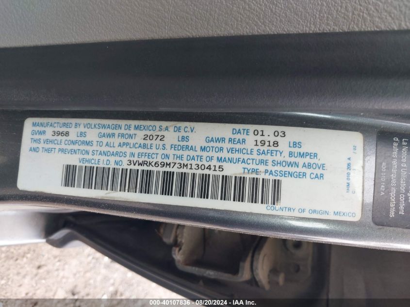 2003 Volkswagen Jetta Gl VIN: 3VWRK69M73M130415 Lot: 40107836