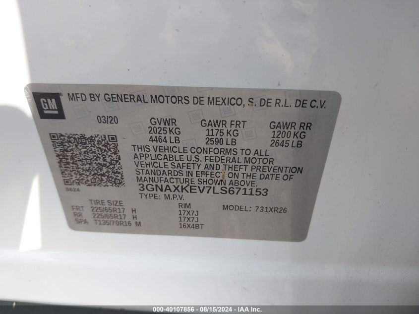 2020 Chevrolet Equinox Fwd Lt 1.5L Turbo VIN: 3GNAXKEV7LS671153 Lot: 40107856