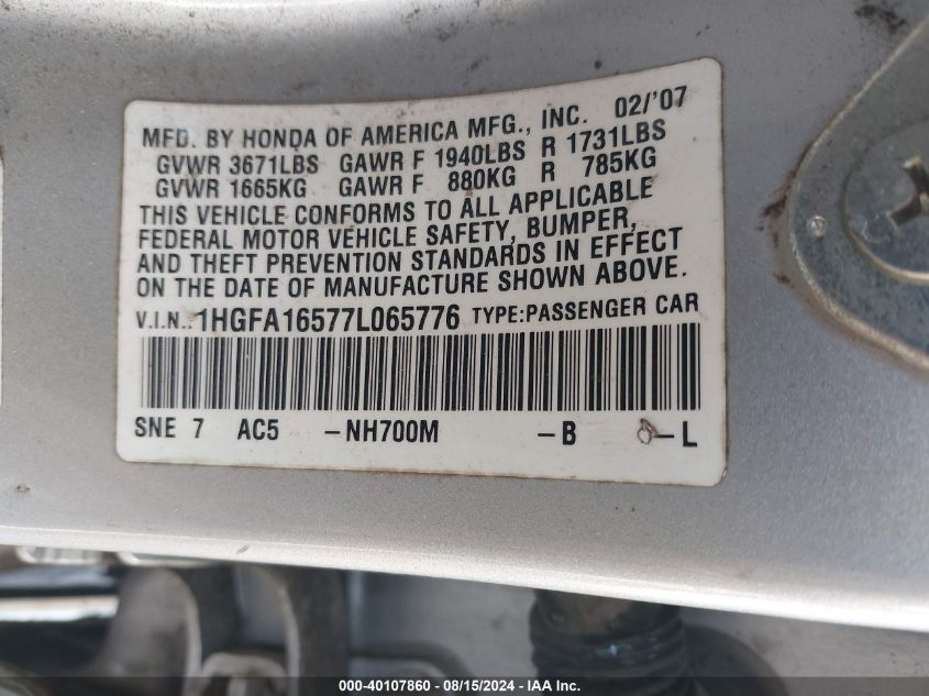 2007 Honda Civic Lx VIN: 1HGFA16577L065776 Lot: 40107860
