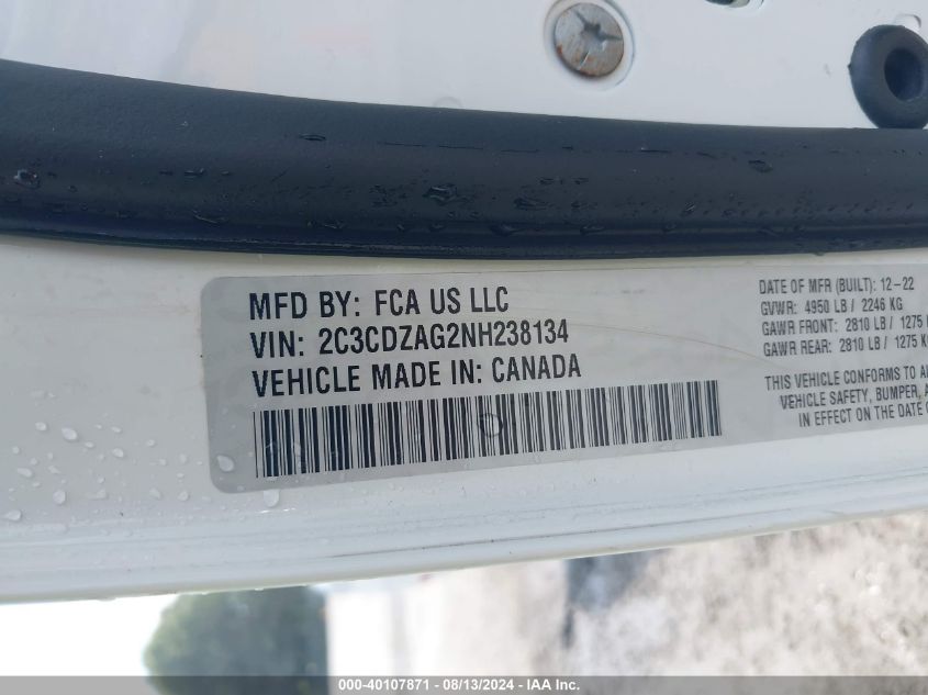 2022 Dodge Challenger Sxt VIN: 2C3CDZAG2NH238134 Lot: 40107871