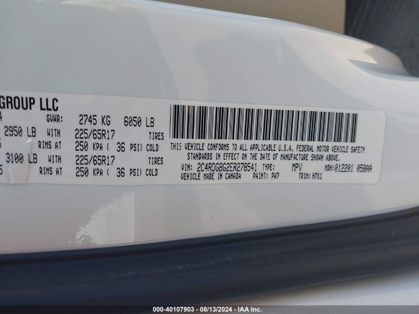 2014 Dodge Grand Caravan American Value Pkg VIN: 2C4RDGBG2ER278541 Lot: 40107903