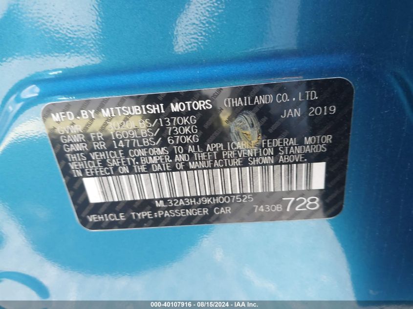 2019 Mitsubishi Mirage Rf VIN: ML32A3HJ9KH007525 Lot: 40107916