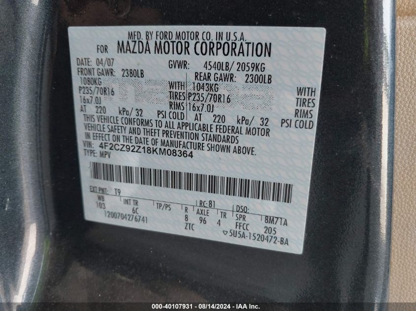 2008 Mazda Tribute I Grand Touring VIN: 4F2CZ92Z18KM08364 Lot: 40107931