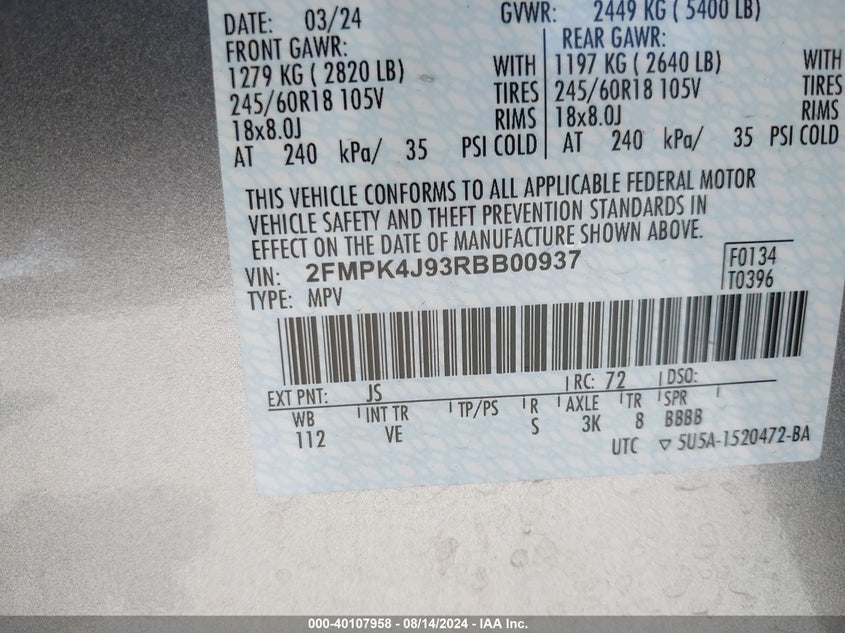 2024 Ford Edge Sel VIN: 2FMPK4J93RBB00937 Lot: 40107958