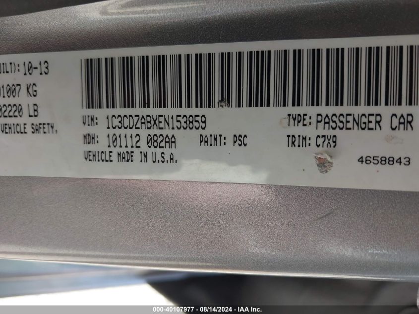 2014 Dodge Avenger Se VIN: 1C3CDZABXEN153859 Lot: 40107977