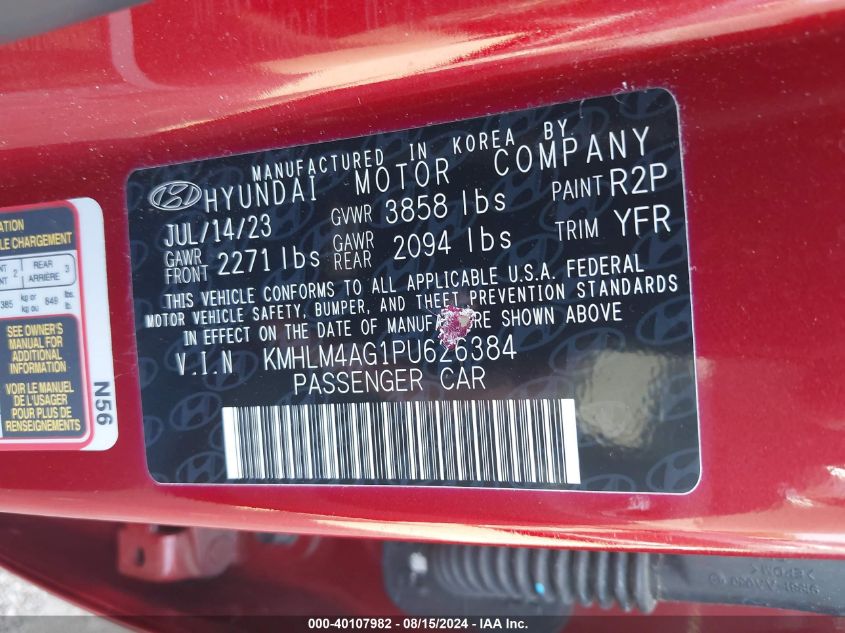 2023 Hyundai Elantra Sel VIN: KMHLM4AG1PU626384 Lot: 40107982