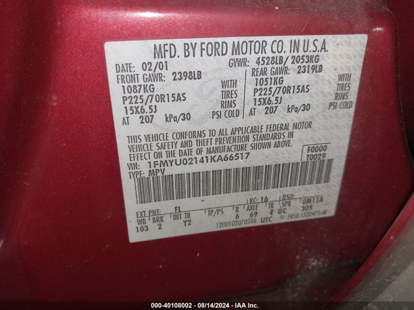 2001 Ford Escape Xls VIN: 1FMYU02141KA66517 Lot: 40108002