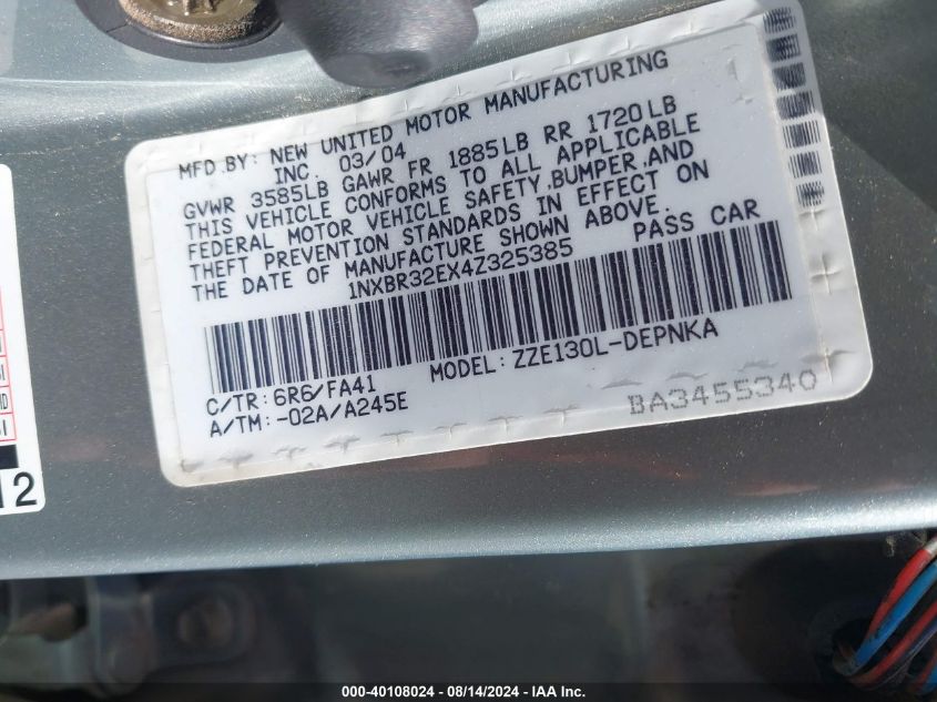 2004 Toyota Corolla Ce/Le/S VIN: 1NXBR32EX4Z325385 Lot: 40108024