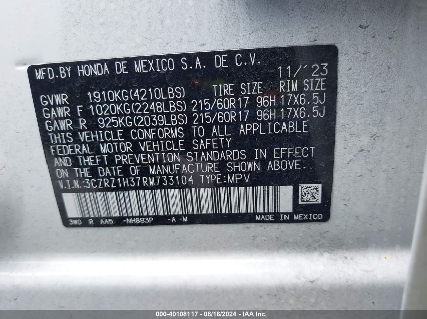 2024 Honda Hr-V 2Wd Lx VIN: 3CZRZ1H37RM733104 Lot: 40108117