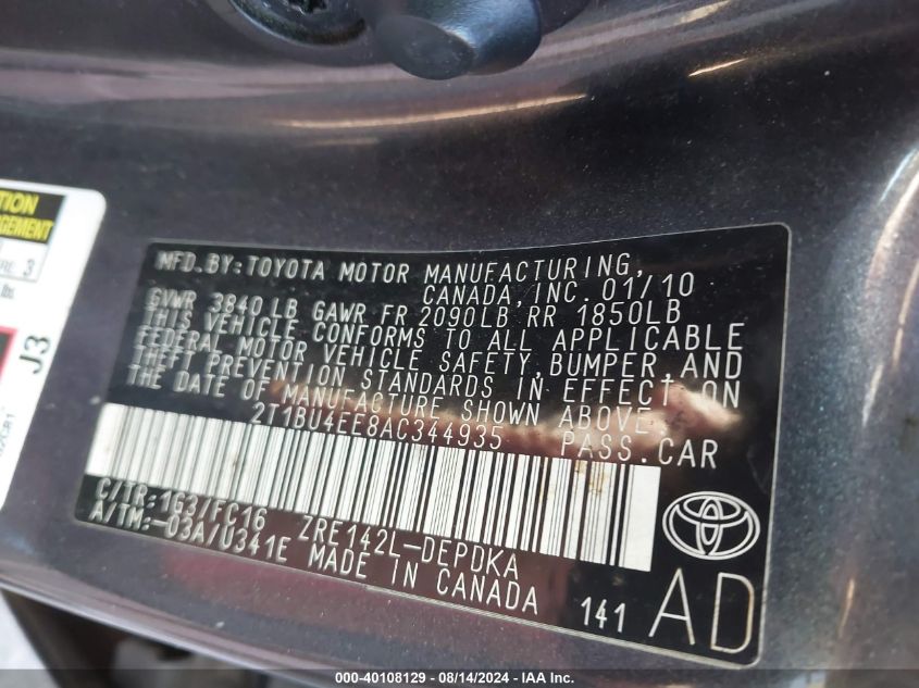 2010 Toyota Corolla S/Le/Xle VIN: 2T1BU4EE8AC344935 Lot: 40108129