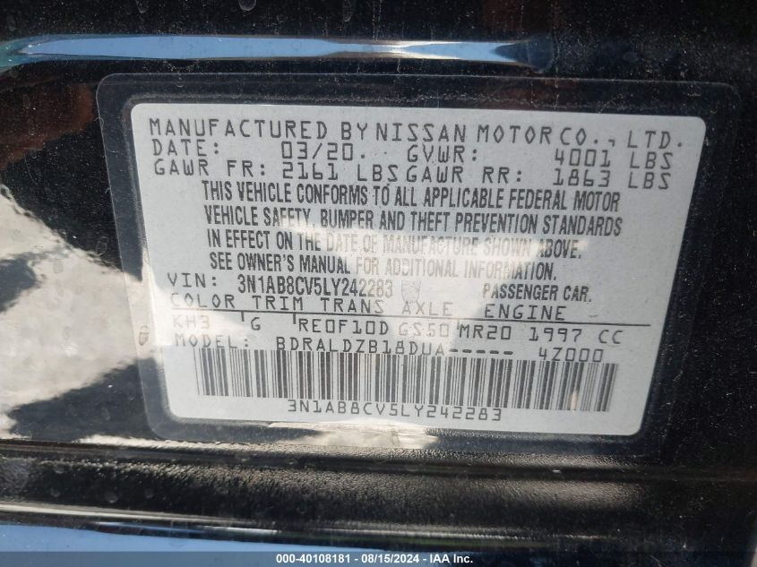 2020 Nissan Sentra Sv Xtronic Cvt VIN: 3N1AB8CV5LY242283 Lot: 40108181