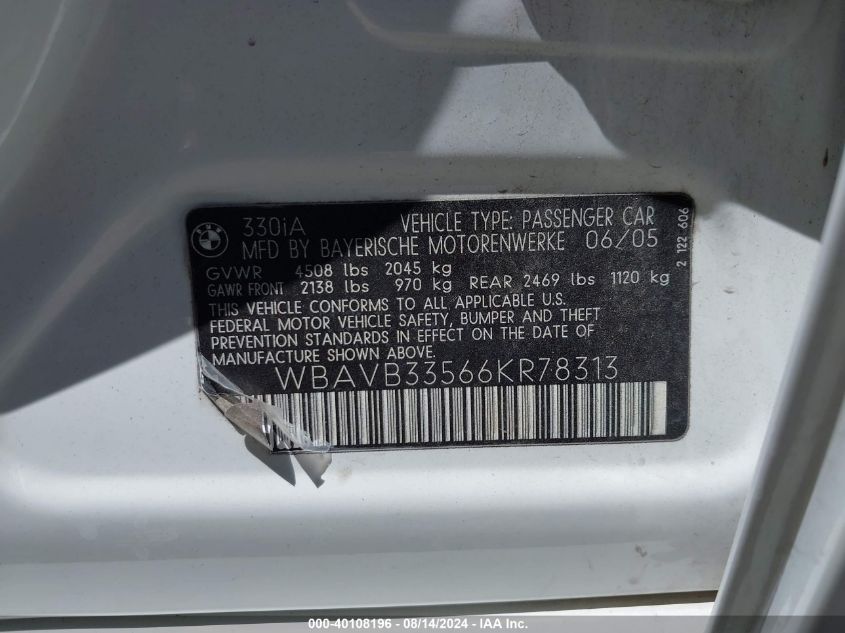 2006 BMW 330I VIN: WBAVB33566KR78313 Lot: 40108196