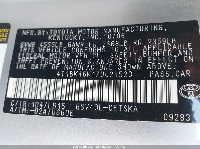 2007 Toyota Camry Se V6 VIN: 4T1BK46K17U021523 Lot: 40108213