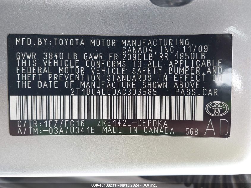 2010 Toyota Corolla Le VIN: 2T1BU4EE0AC303585 Lot: 40108231