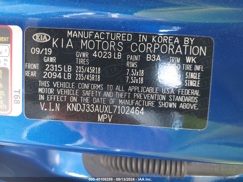 2020 Kia Soul Ex VIN: KNDJ33AUXL7102464 Lot: 40108259