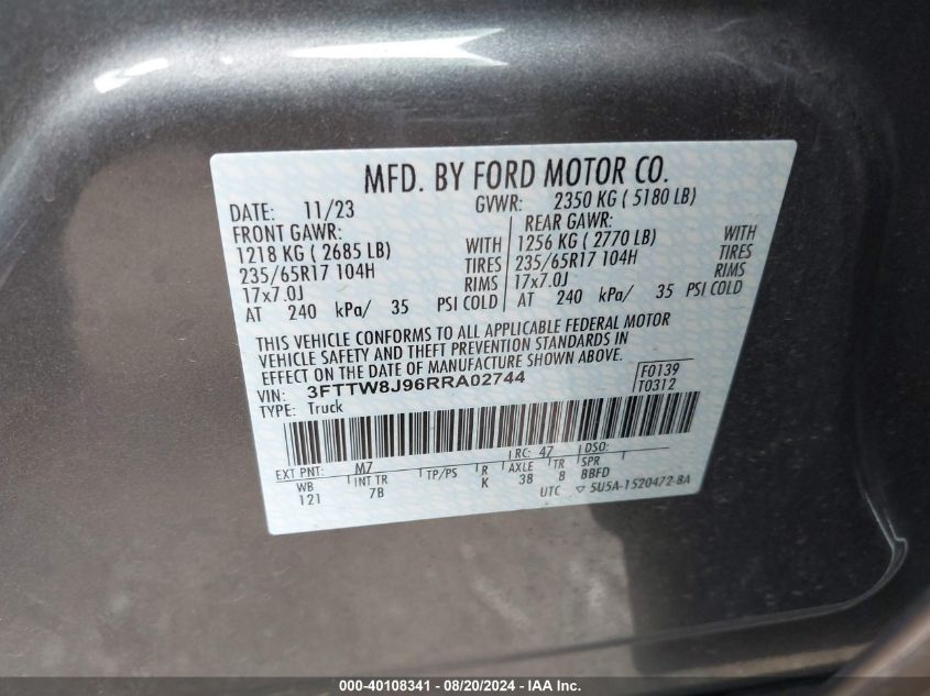 2024 Ford Maverick Xlt VIN: 3FTTW8J96RRA02744 Lot: 40108341