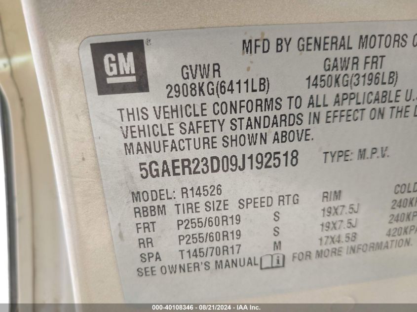 2009 Buick Enclave Cxl VIN: 5GAER23D09J192518 Lot: 40108346