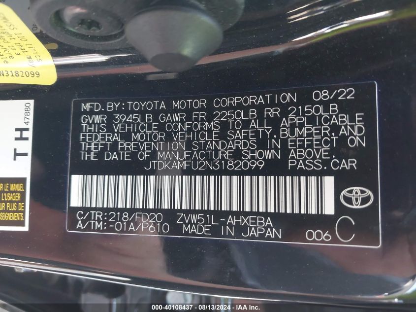 2022 Toyota Prius Le VIN: JTDKAMFU2N3182099 Lot: 40108437