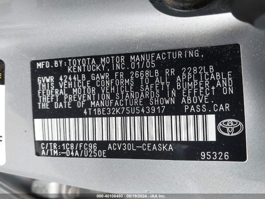 4T1BE32K75U543917 2005 Toyota Camry Se