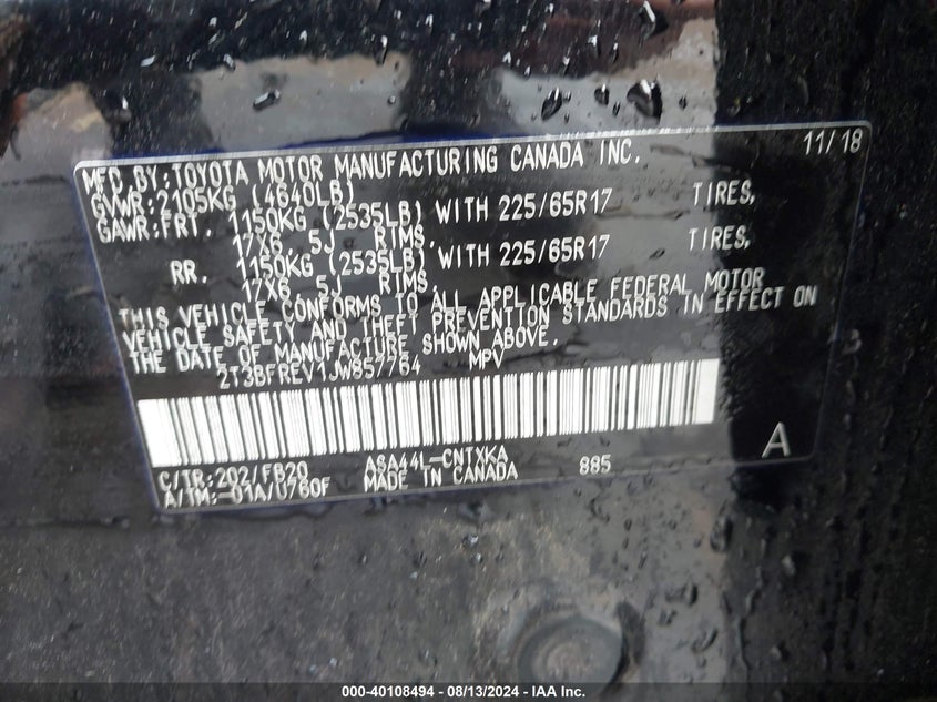 VIN 2T3BFREV1JW857764 2018 TOYOTA RAV4 LE