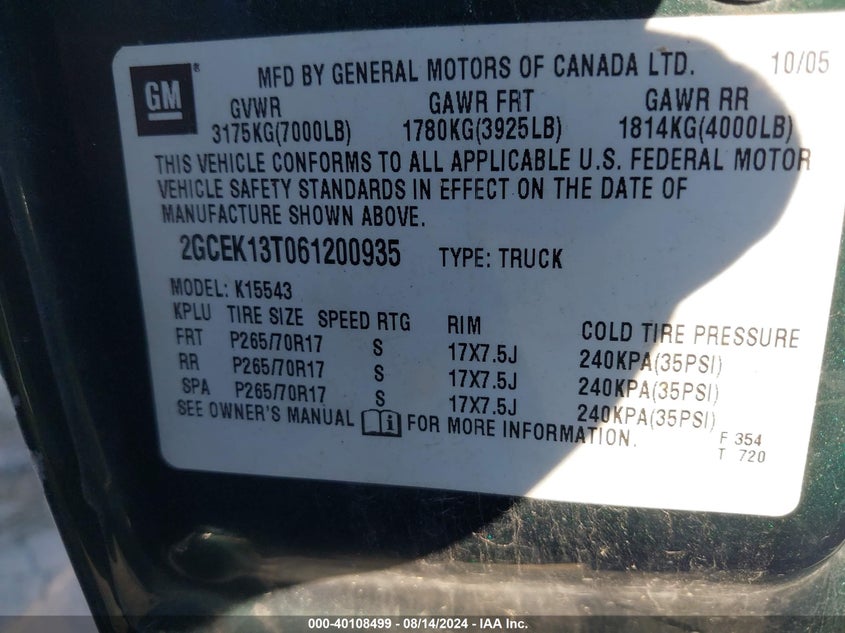 2006 Chevrolet Silverado K1500 VIN: 2GCEK13T061200935 Lot: 40108499