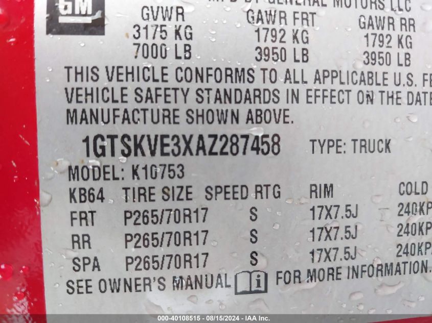 1GTSKVE3XAZ287458 2010 GMC Sierra 1500 Sle