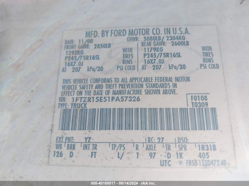 1FTZR15E51PA57326 2001 Ford Ranger Edge/Xlt