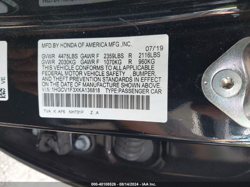 1HGCV1F3XKA136818 2019 Honda Accord Sport