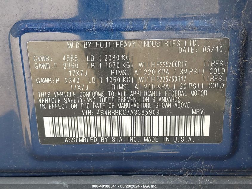 2010 Subaru Outback 2.5I Limited VIN: 4S4BRBKC7A3385909 Lot: 40108541