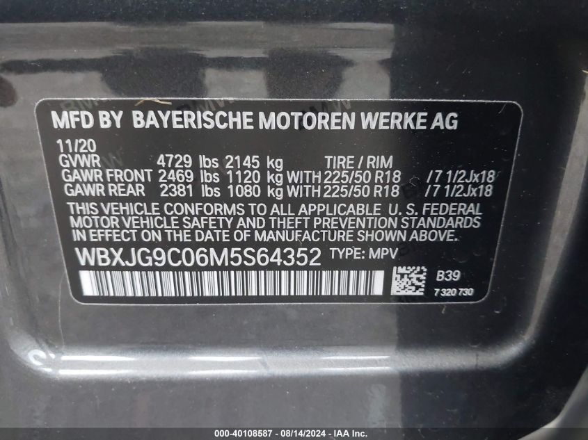 2021 BMW X1 xDrive28I VIN: WBXJG9C06M5S64352 Lot: 40108587