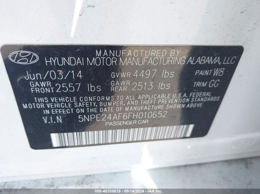 2015 Hyundai Sonata Se VIN: 5NPE24AF6FH010652 Lot: 40108619