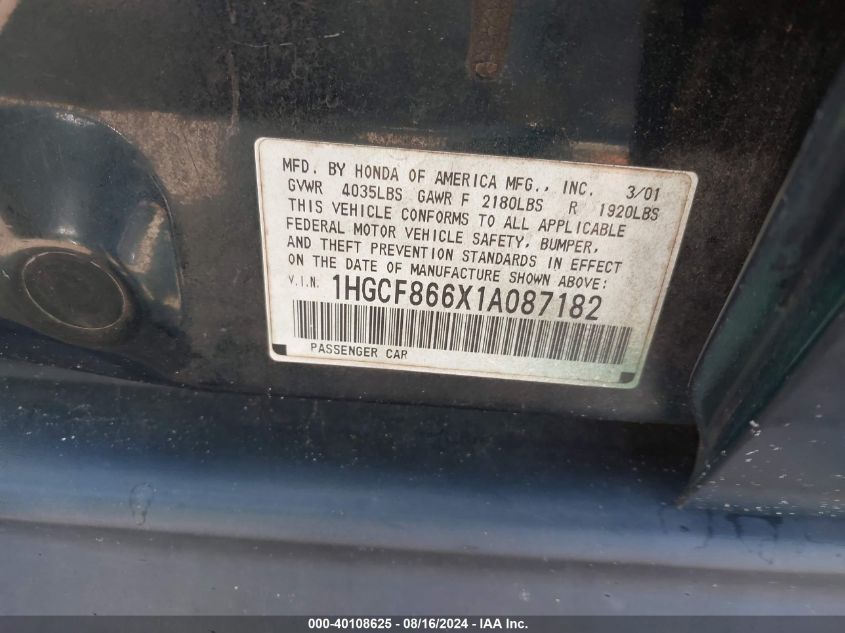 2001 Honda Accord Value Package VIN: 1HGCF866X1A087182 Lot: 40108625
