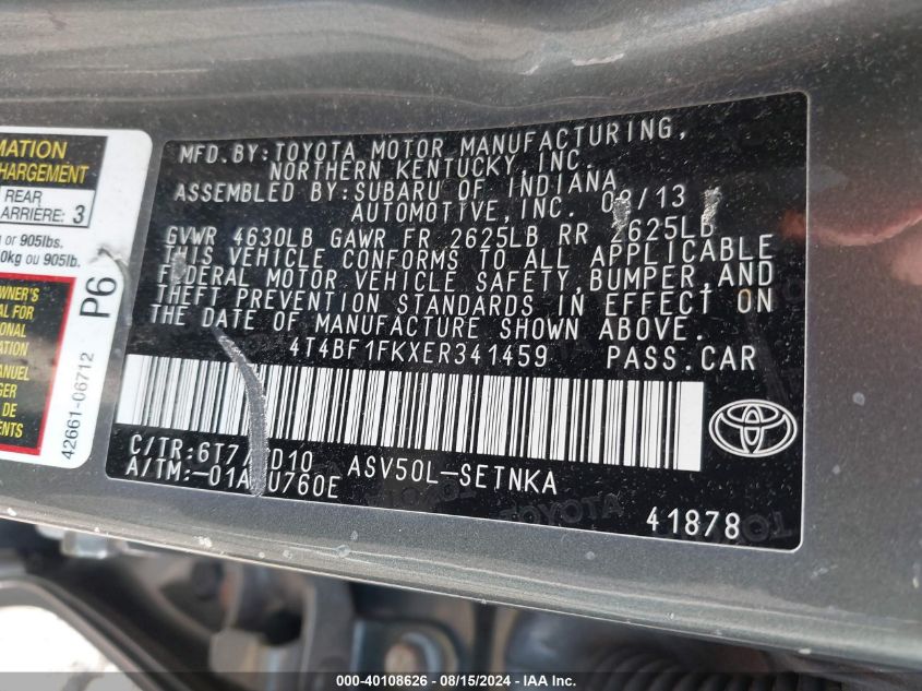 2014 Toyota Camry Le VIN: 4T4BF1FKXER341459 Lot: 40108626