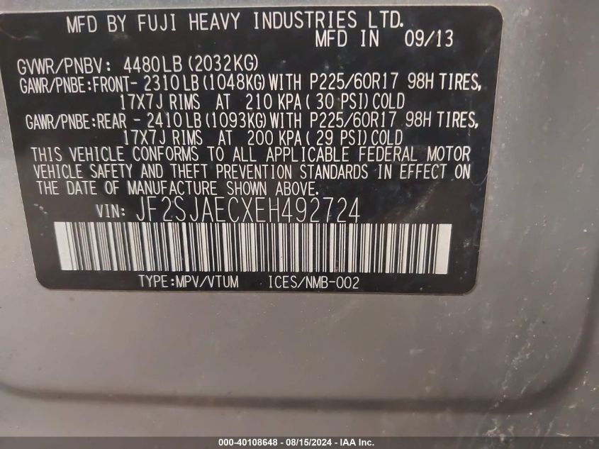 2014 Subaru Forester 2.5I Premium VIN: JF2SJAECXEH492724 Lot: 40108648