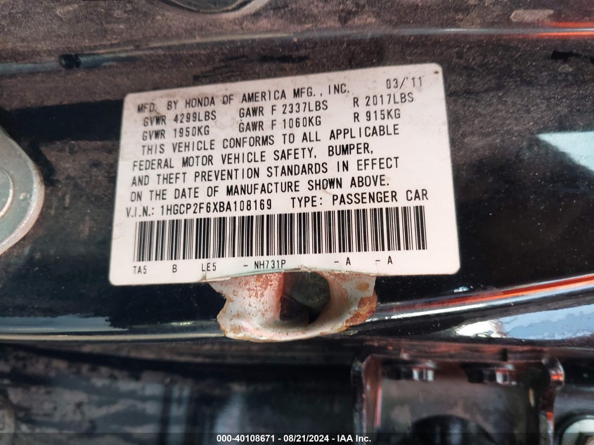 2011 Honda Accord 2.4 Se VIN: 1HGCP2F6XBA108169 Lot: 40108671