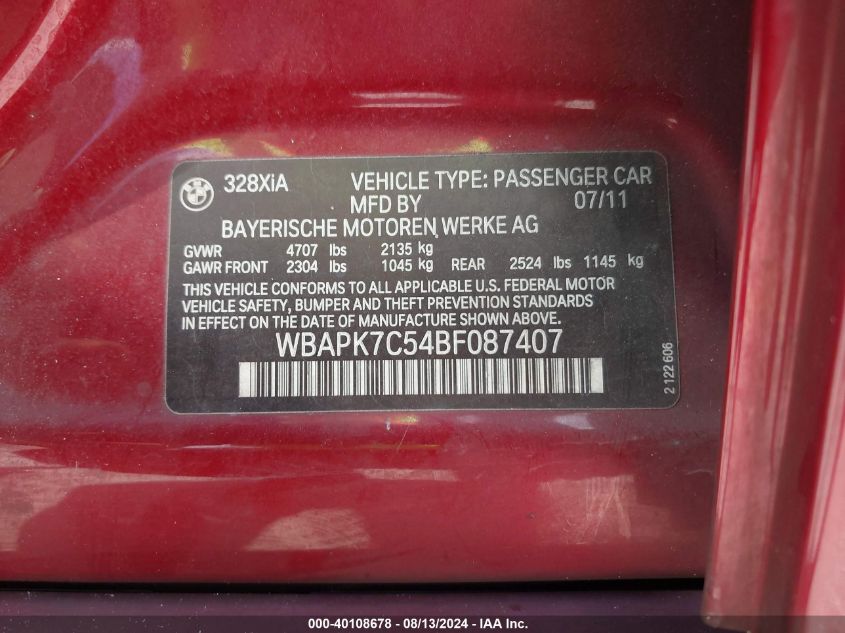2011 BMW 328I xDrive VIN: WBAPK7C54BF087407 Lot: 40108678