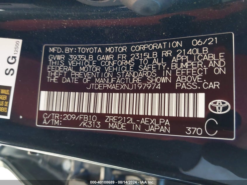 VIN JTDEPMAEXNJ197974 2022 TOYOTA COROLLA LE