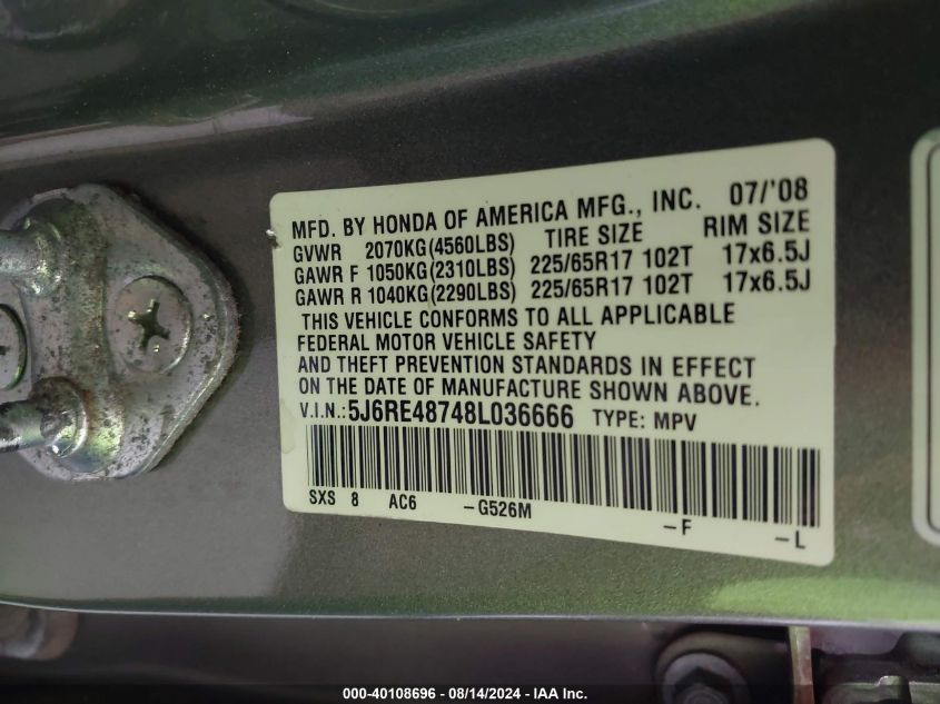 2008 Honda Cr-V Ex-L VIN: 5J6RE48748L036666 Lot: 40108696