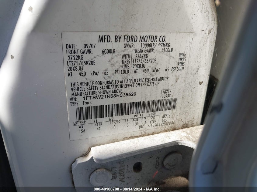 2008 Ford Super Duty F-250 Xl/Xlt/Fx4/Lariat/King Ranch/Harley-Davidson VIN: 1FTSW21R68EC35520 Lot: 40108708