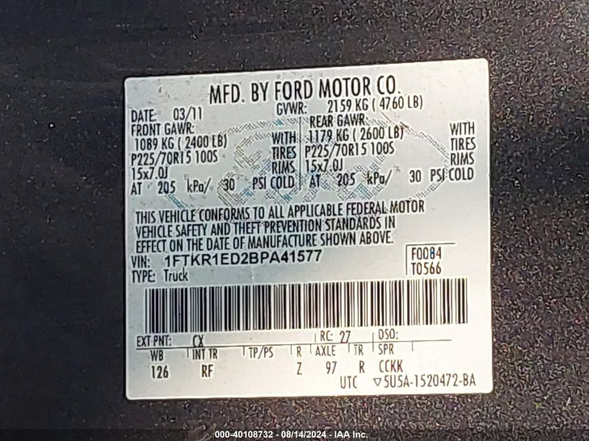 2011 Ford Ranger Xlt VIN: 1FTKR1ED2BPA41577 Lot: 40108732