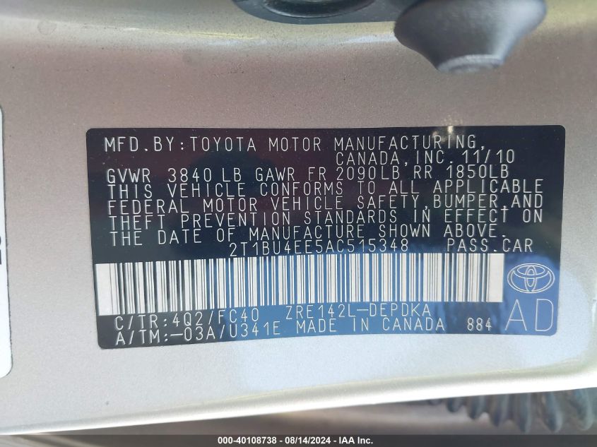 2010 Toyota Corolla S/Le/Xle VIN: 2T1BU4EE5AC515348 Lot: 40108738